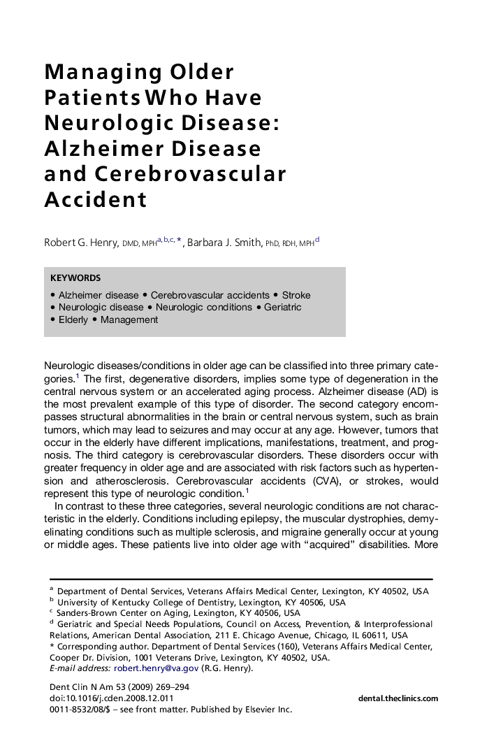 Managing Older Patients Who Have Neurologic Disease: Alzheimer Disease and Cerebrovascular Accident