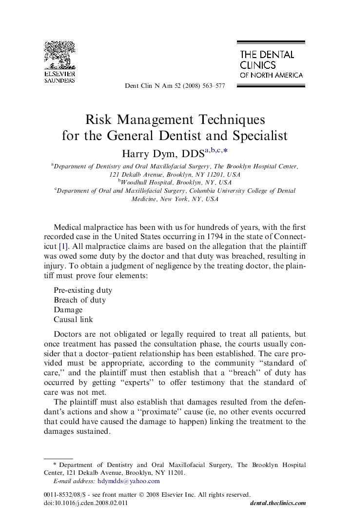 Risk Management Techniques for the General Dentist and Specialist