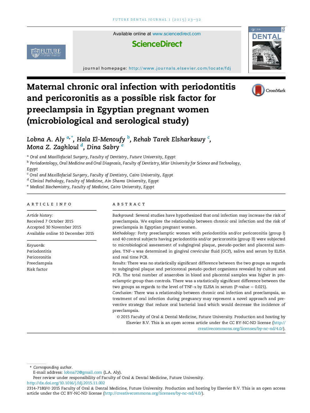 Maternal chronic oral infection with periodontitis and pericoronitis as a possible risk factor for preeclampsia in Egyptian pregnant women (microbiological and serological study) 