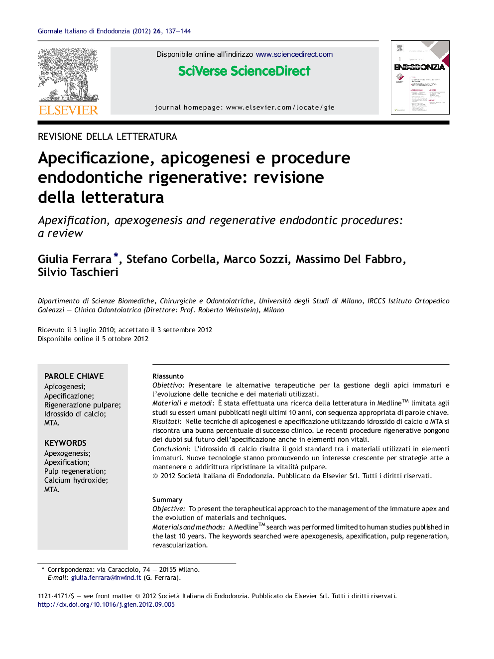 Apecificazione, apicogenesi e procedure endodontiche rigenerative: revisione della letteratura