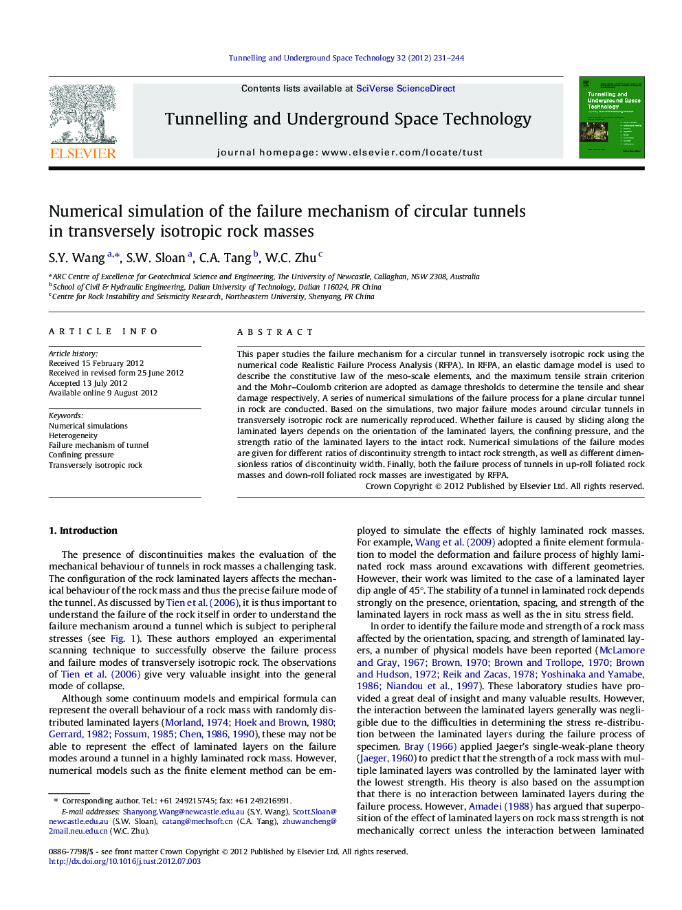 Numerical simulation of the failure mechanism of circular tunnels in transversely isotropic rock masses