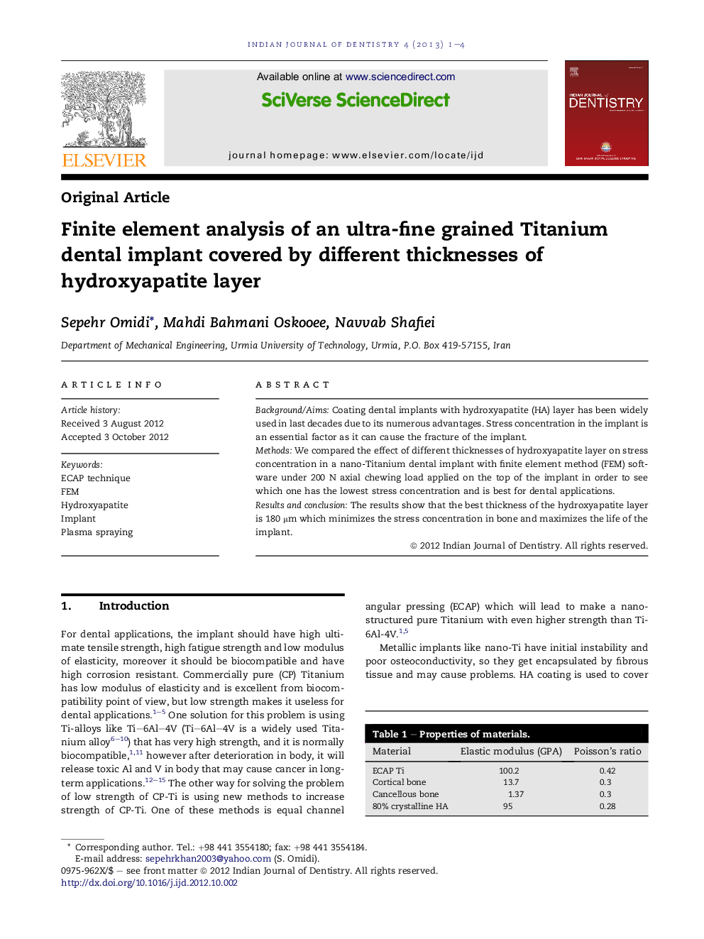 Finite element analysis of an ultra-fine grained Titanium dental implant covered by different thicknesses of hydroxyapatite layer