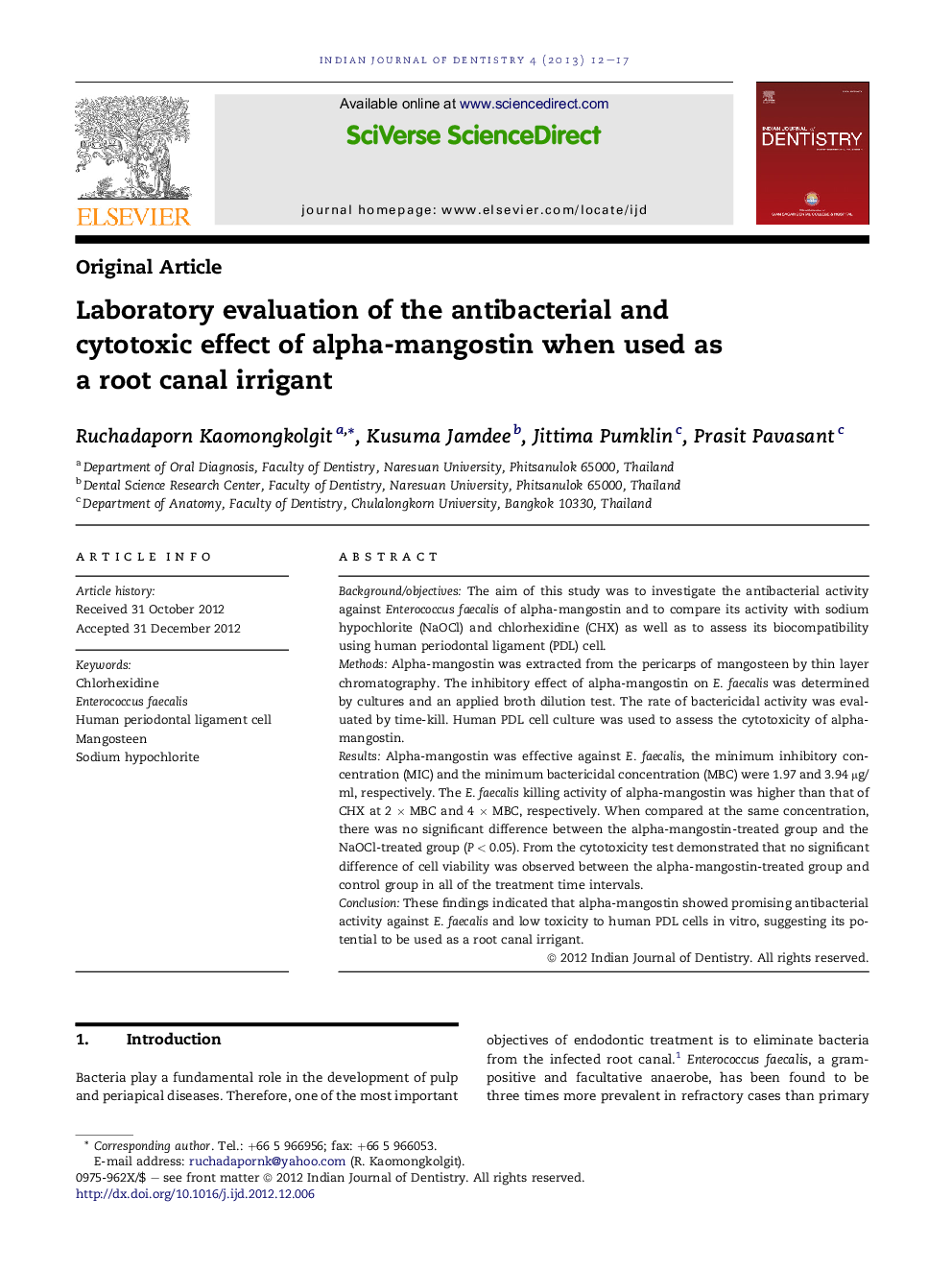 Laboratory evaluation of the antibacterial and cytotoxic effect of alpha-mangostin when used as a root canal irrigant