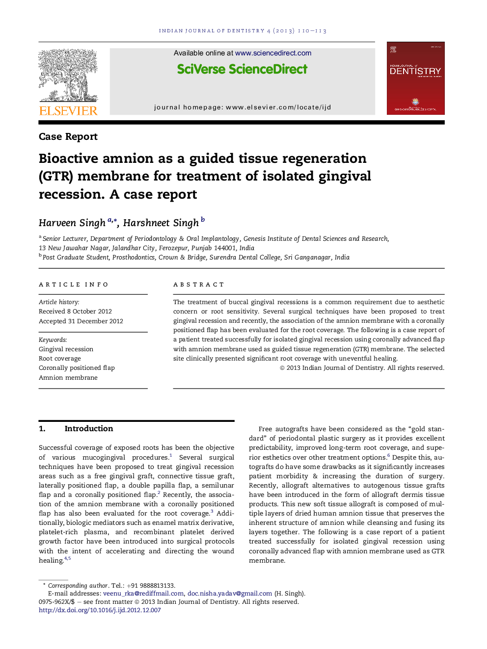 Bioactive amnion as a guided tissue regeneration (GTR) membrane for treatment of isolated gingival recession. A case report