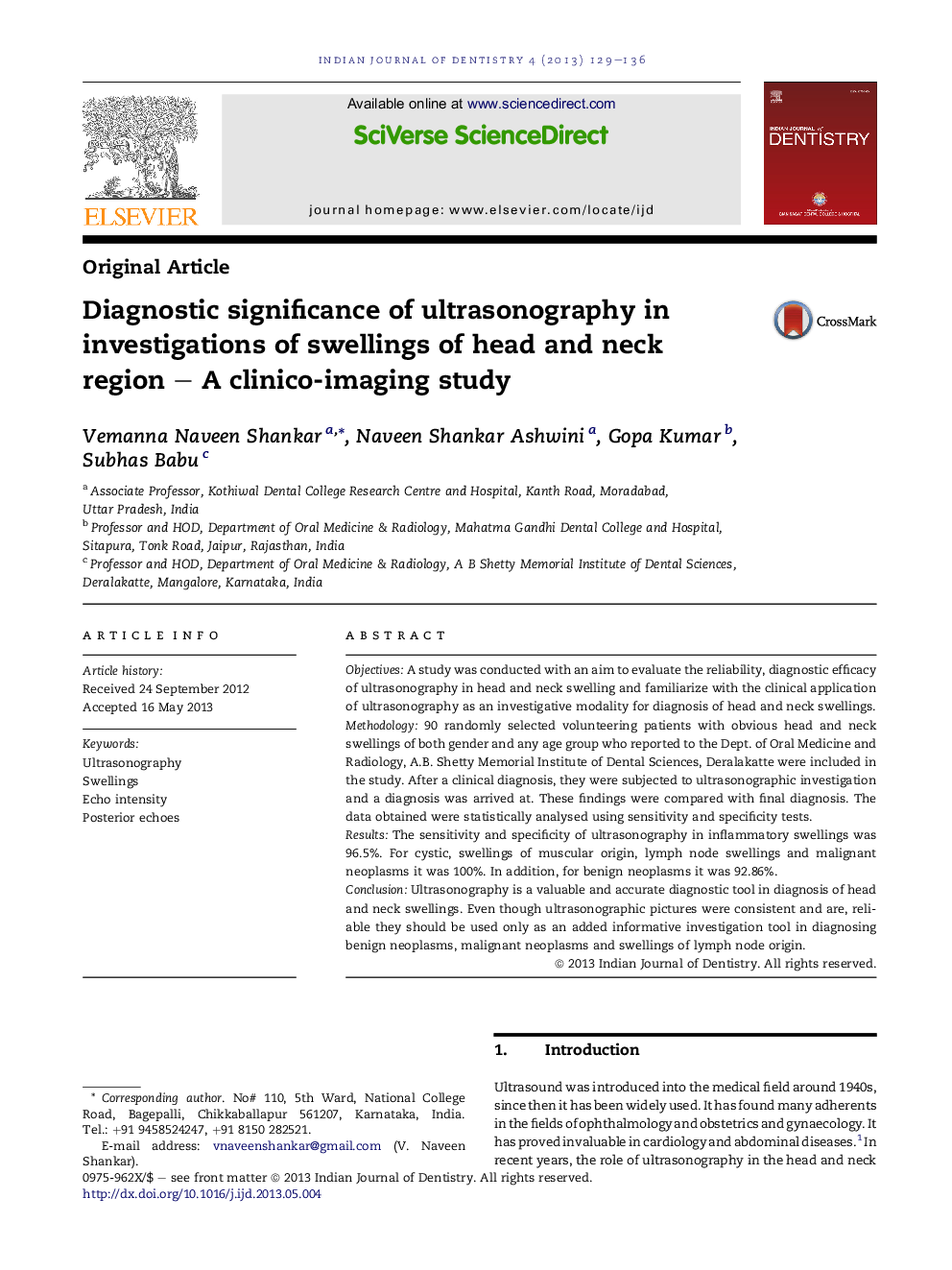 Diagnostic significance of ultrasonography in investigations of swellings of head and neck region - A clinico-imaging study