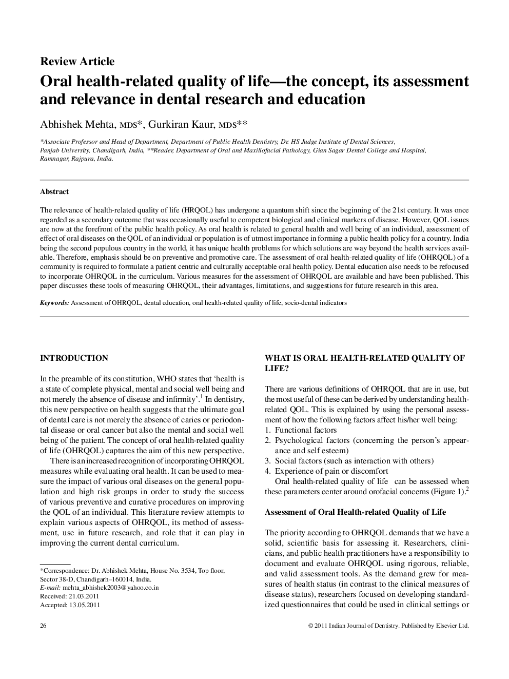 Oral health-related quality of life-the concept, its assessment and relevance in dental research and education