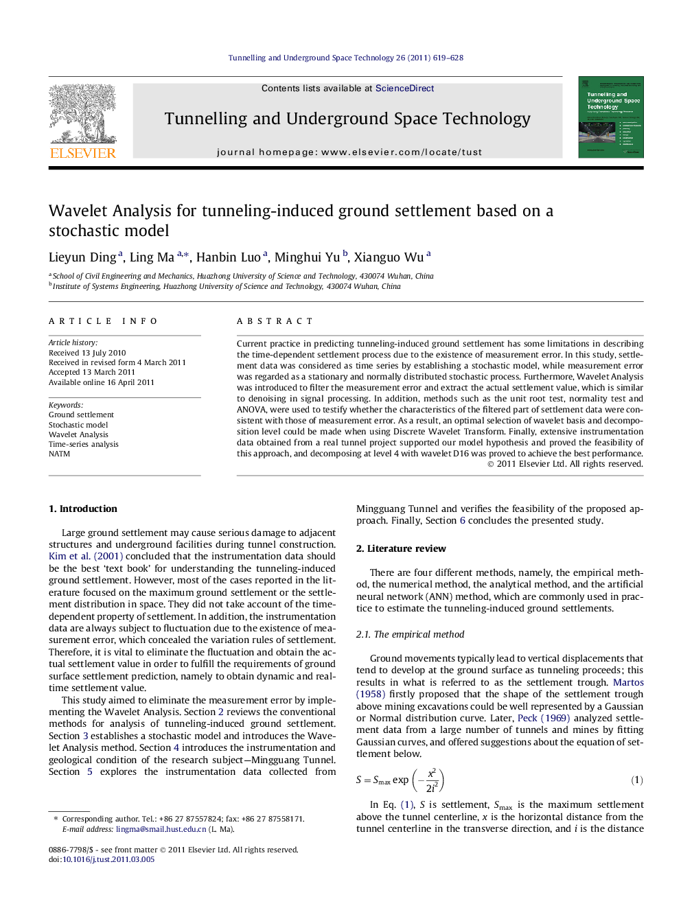 Wavelet Analysis for tunneling-induced ground settlement based on a stochastic model