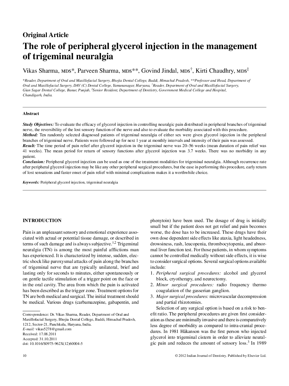 The role of peripheral glycerol injection in the management of trigeminal neuralgia