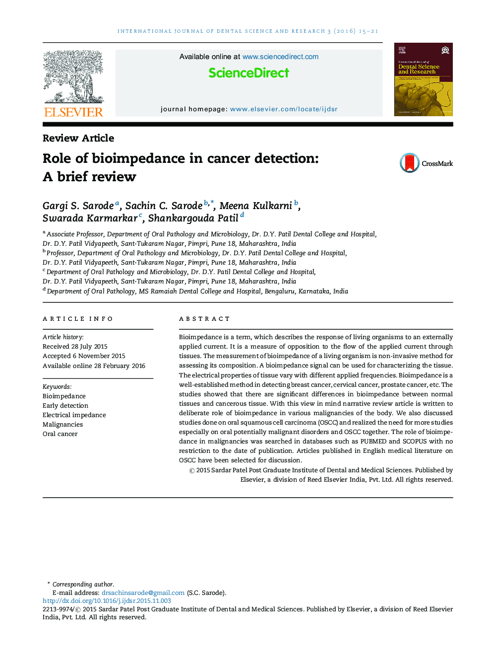 Role of bioimpedance in cancer detection: A brief review