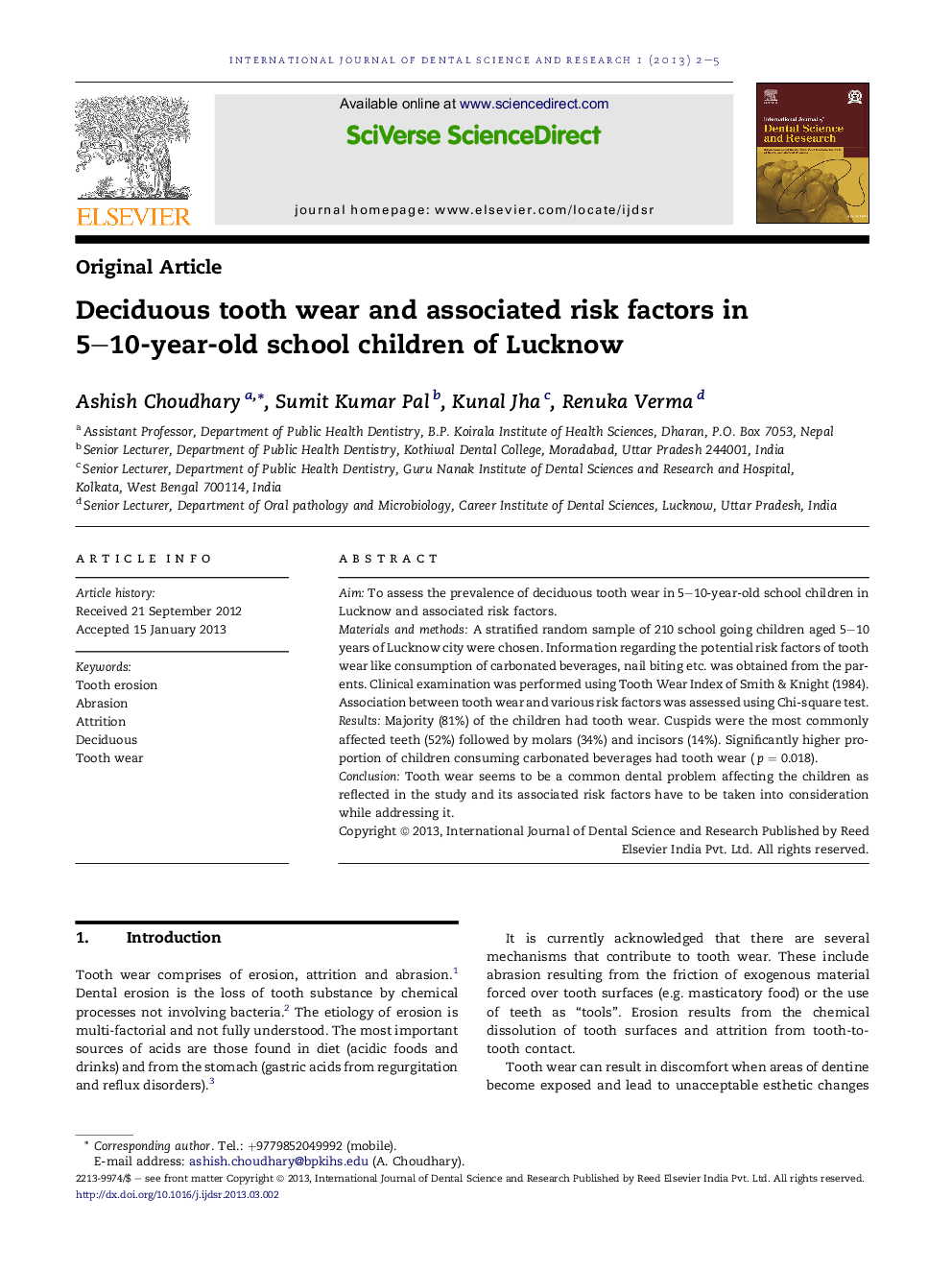 Deciduous tooth wear and associated risk factors in 5–10-year-old school children of Lucknow