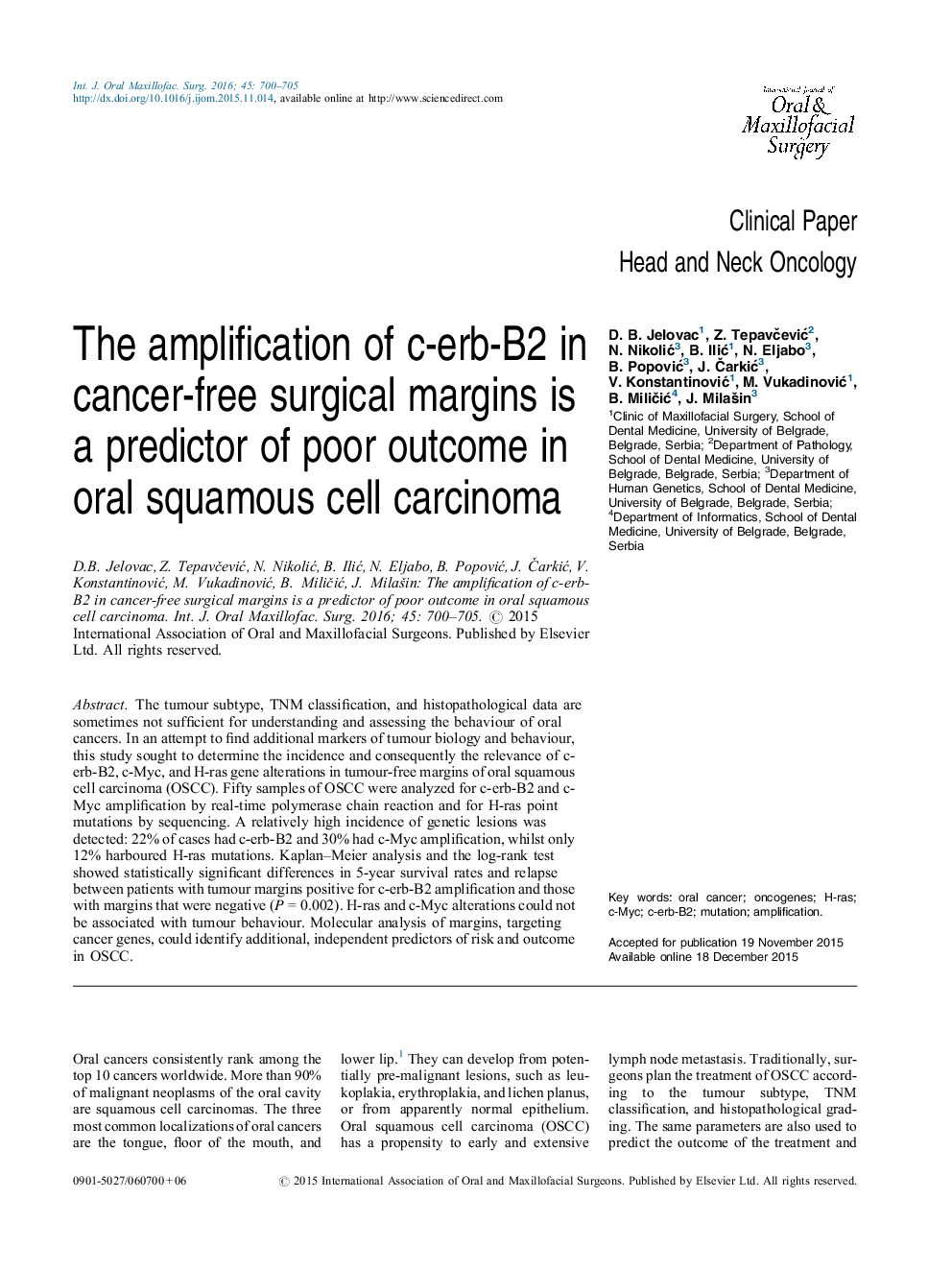 The amplification of c-erb-B2 in cancer-free surgical margins is a predictor of poor outcome in oral squamous cell carcinoma