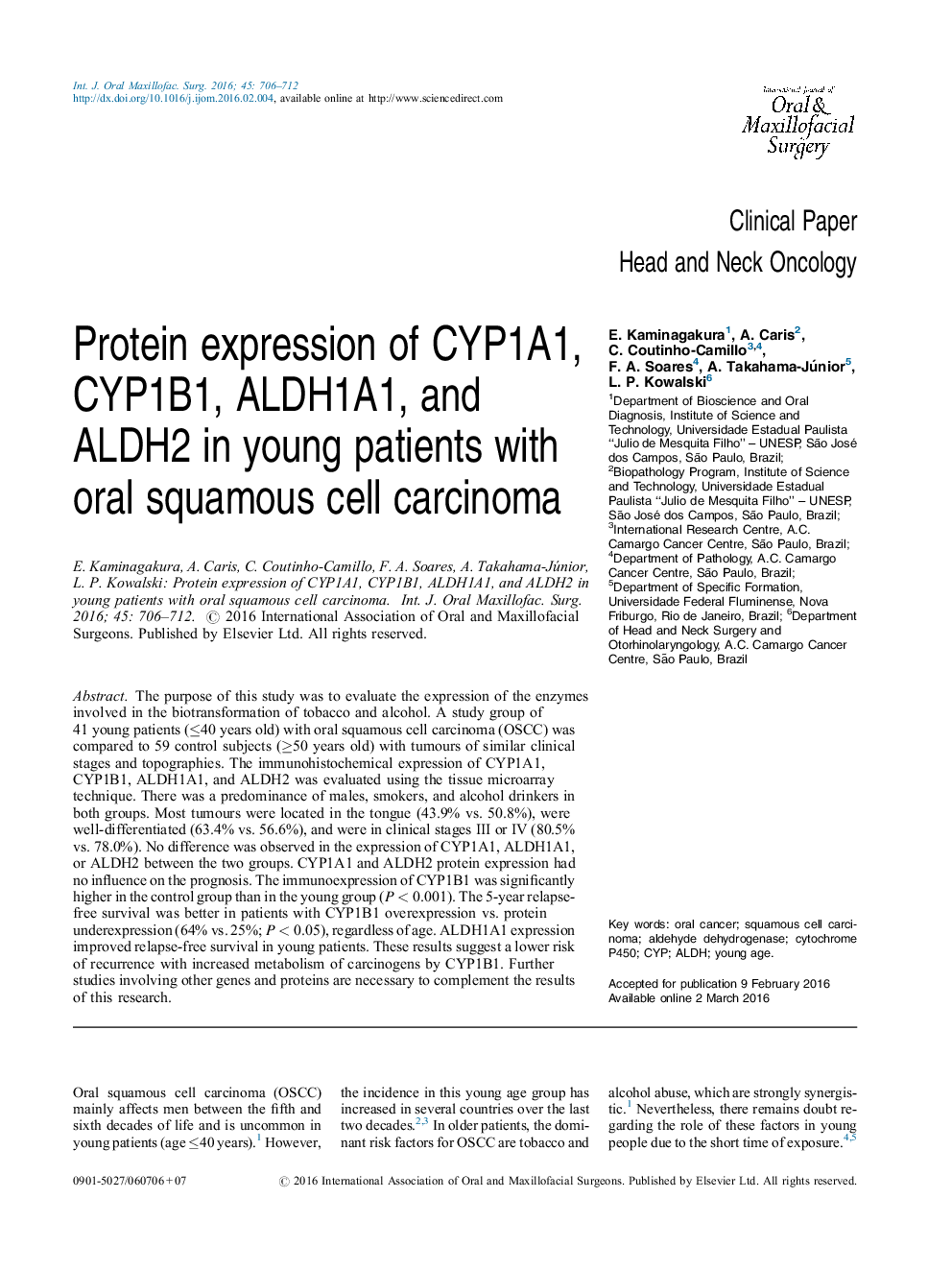 Protein expression of CYP1A1, CYP1B1, ALDH1A1, and ALDH2 in young patients with oral squamous cell carcinoma