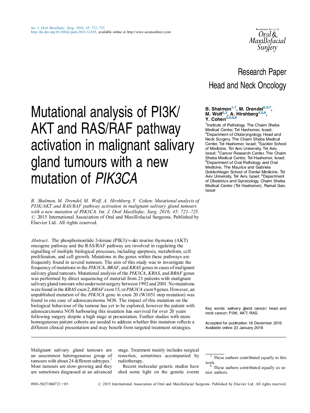 Mutational analysis of PI3K/AKT and RAS/RAF pathway activation in malignant salivary gland tumours with a new mutation of PIK3CA