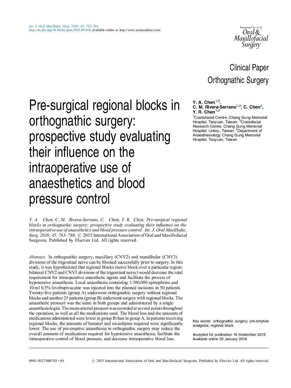 Pre-surgical regional blocks in orthognathic surgery: prospective study evaluating their influence on the intraoperative use of anaesthetics and blood pressure control