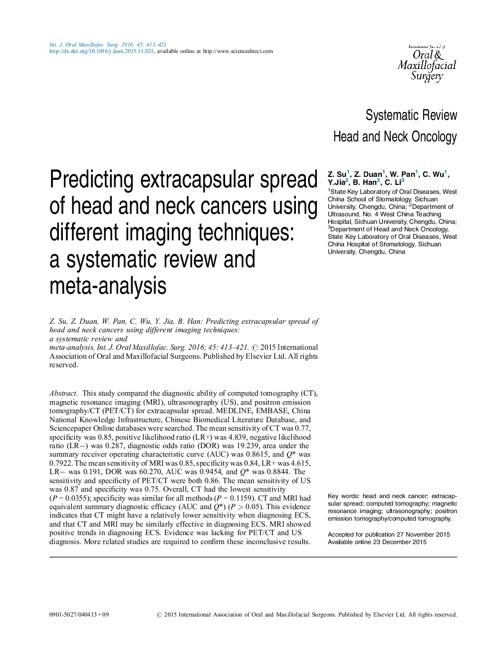 Predicting extracapsular spread of head and neck cancers using different imaging techniques: a systematic review and meta-analysis