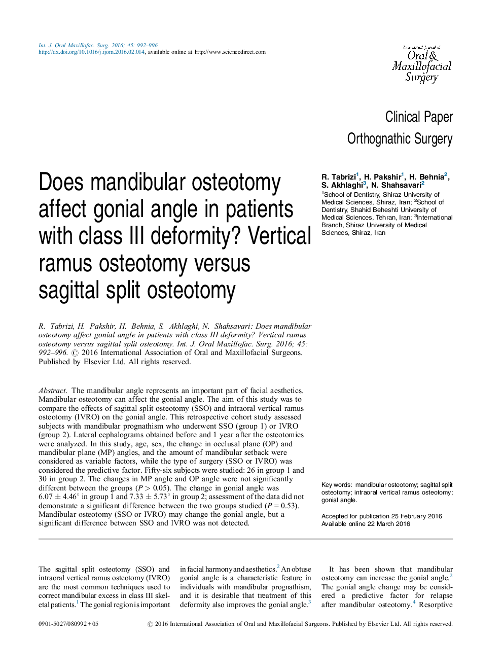 Does mandibular osteotomy affect gonial angle in patients with class III deformity? Vertical ramus osteotomy versus sagittal split osteotomy