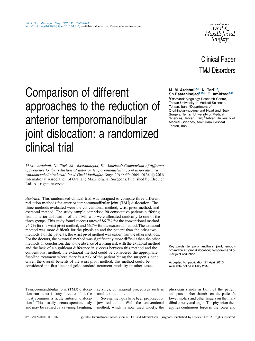 Comparison of different approaches to the reduction of anterior temporomandibular joint dislocation: a randomized clinical trial