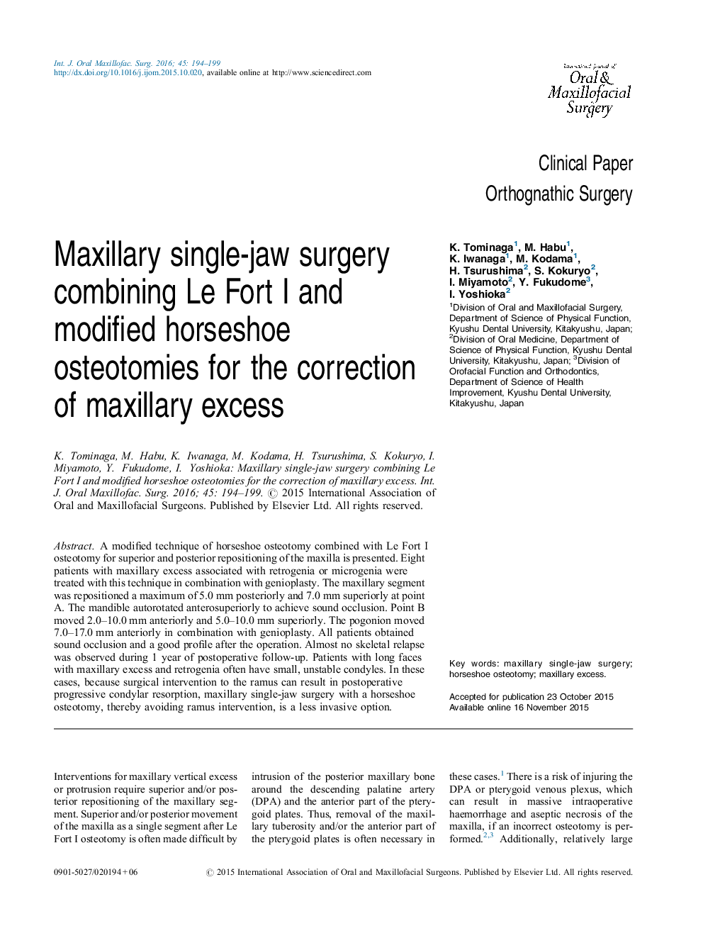 Maxillary single-jaw surgery combining Le Fort I and modified horseshoe osteotomies for the correction of maxillary excess