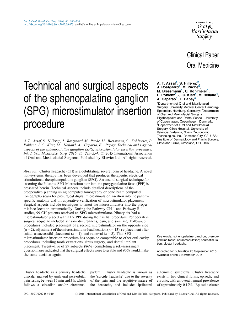 Technical and surgical aspects of the sphenopalatine ganglion (SPG) microstimulator insertion procedure