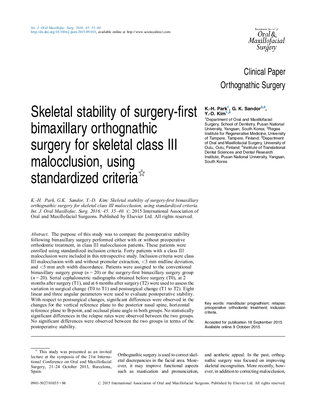 Skeletal stability of surgery-first bimaxillary orthognathic surgery for skeletal class III malocclusion, using standardized criteria 