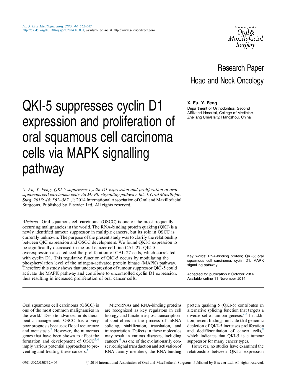 QKI-5 suppresses cyclin D1 expression and proliferation of oral squamous cell carcinoma cells via MAPK signalling pathway