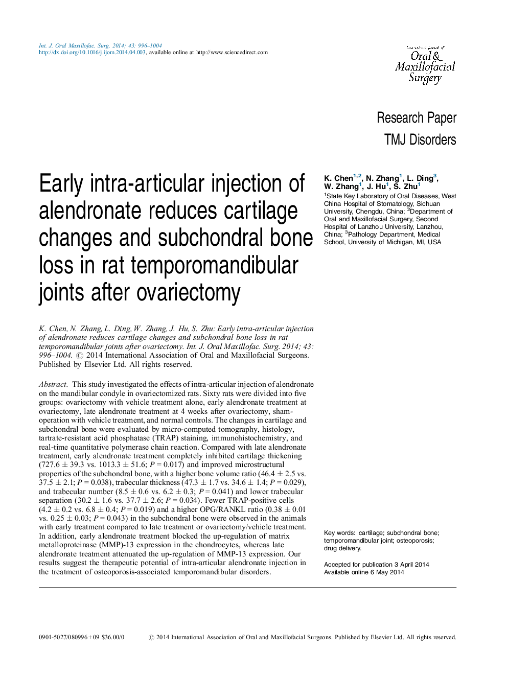 Early intra-articular injection of alendronate reduces cartilage changes and subchondral bone loss in rat temporomandibular joints after ovariectomy