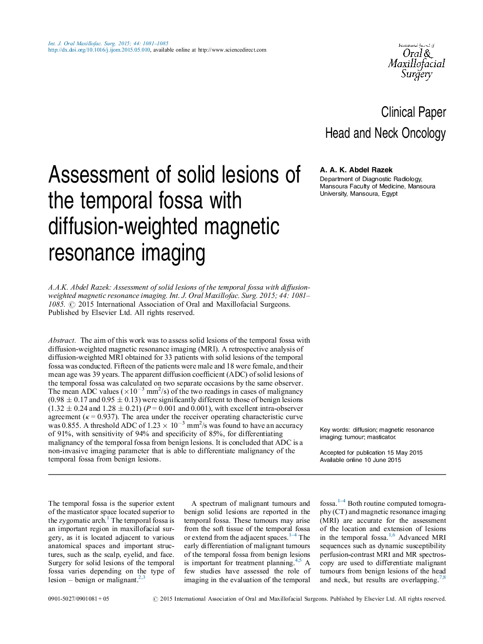 ارزیابی ضایعات جامد شکم زمانی با تصویربرداری رزونانس مغناطیسی با اندازه گیری منتشر شده 