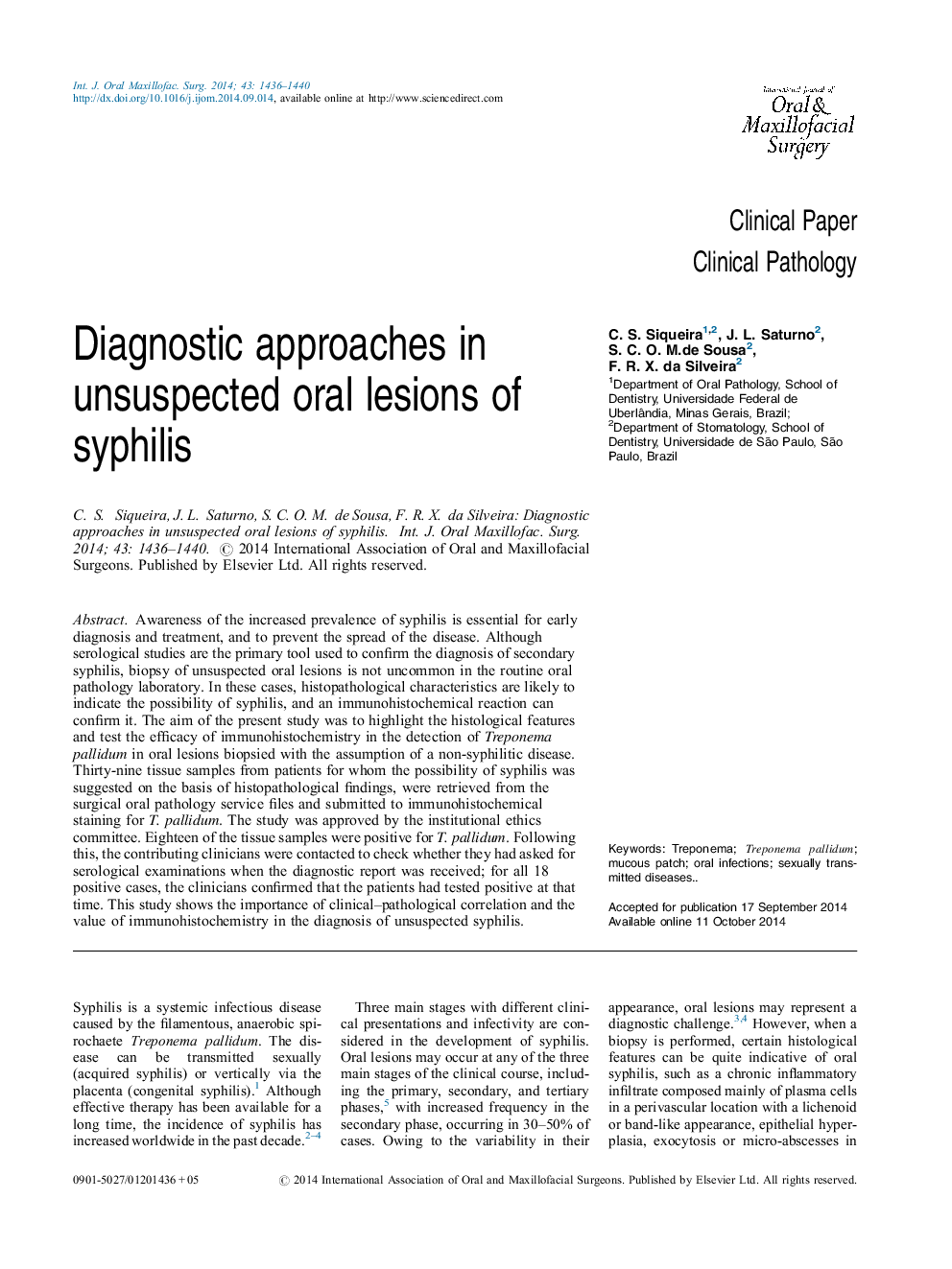 Diagnostic approaches in unsuspected oral lesions of syphilis