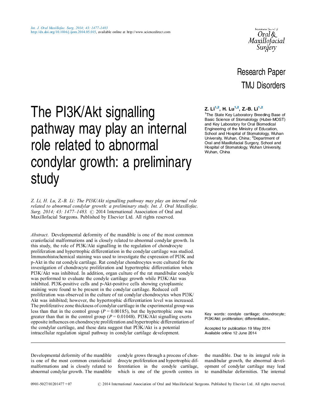 The PI3K/Akt signalling pathway may play an internal role related to abnormal condylar growth: a preliminary study