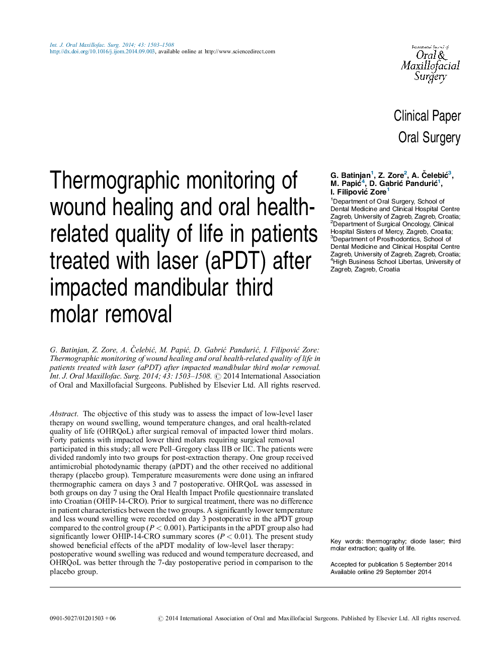 Thermographic monitoring of wound healing and oral health-related quality of life in patients treated with laser (aPDT) after impacted mandibular third molar removal