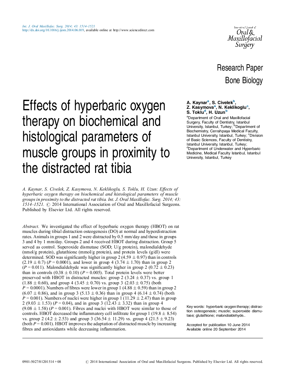 Effects of hyperbaric oxygen therapy on biochemical and histological parameters of muscle groups in proximity to the distracted rat tibia