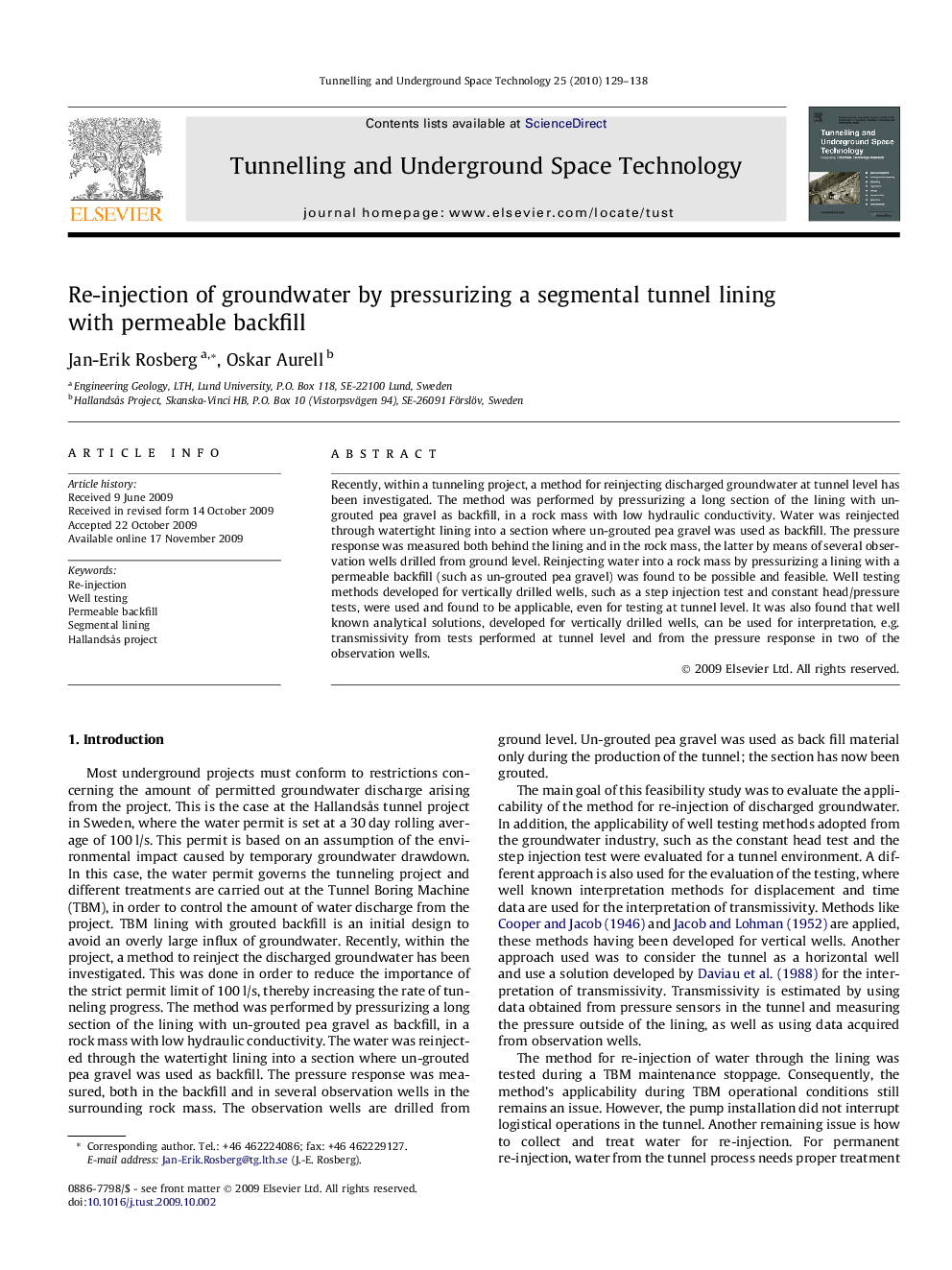 Re-injection of groundwater by pressurizing a segmental tunnel lining with permeable backfill