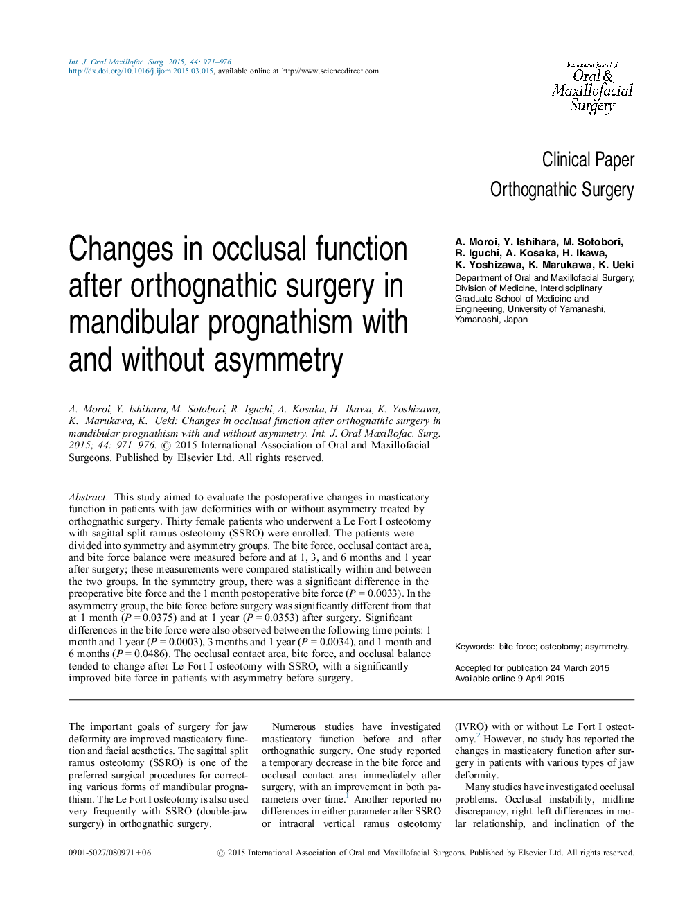 Changes in occlusal function after orthognathic surgery in mandibular prognathism with and without asymmetry