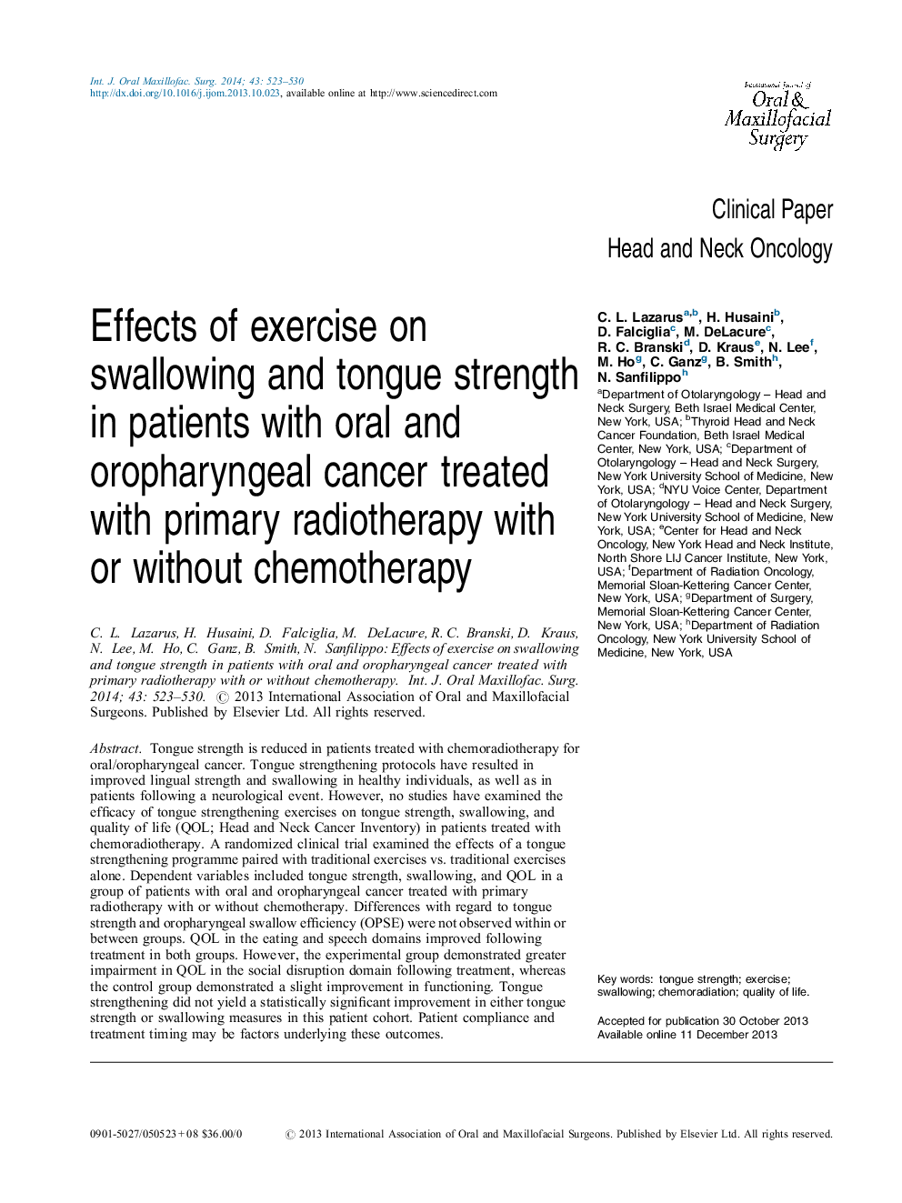 Effects of exercise on swallowing and tongue strength in patients with oral and oropharyngeal cancer treated with primary radiotherapy with or without chemotherapy