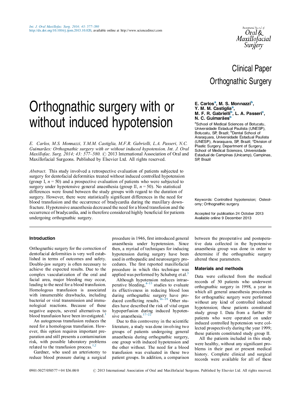 Orthognathic surgery with or without induced hypotension