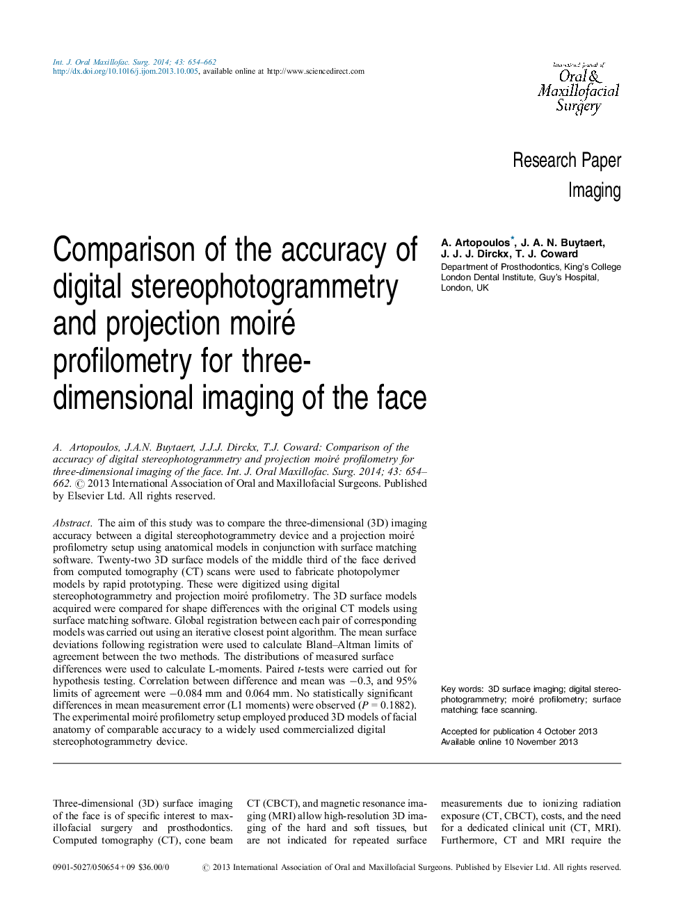 Comparison of the accuracy of digital stereophotogrammetry and projection moiré profilometry for three-dimensional imaging of the face