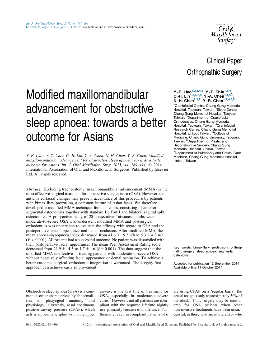 Modified maxillomandibular advancement for obstructive sleep apnoea: towards a better outcome for Asians