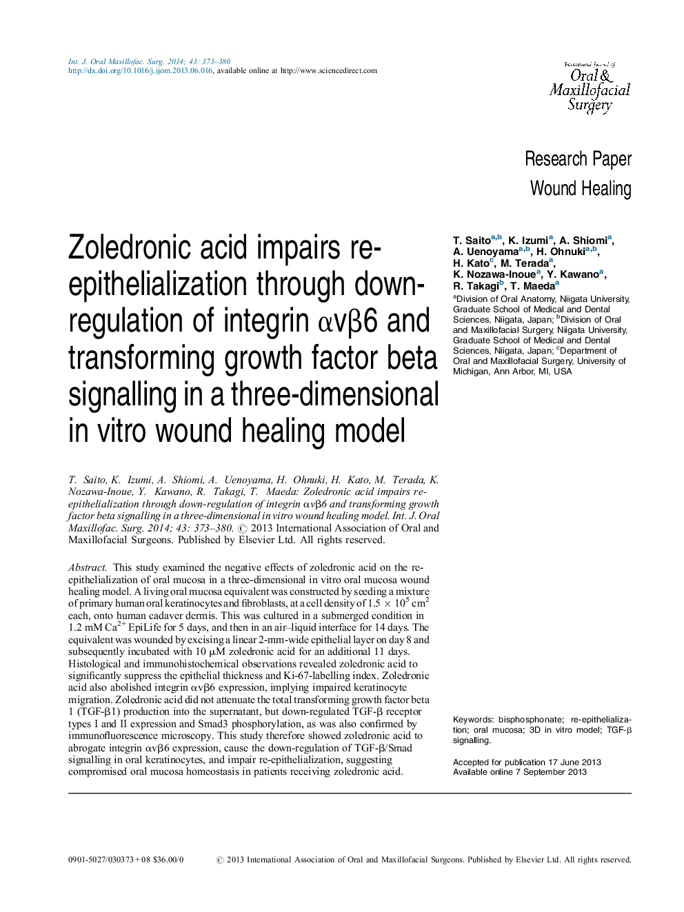 Zoledronic acid impairs re-epithelialization through down-regulation of integrin αvβ6 and transforming growth factor beta signalling in a three-dimensional in vitro wound healing model