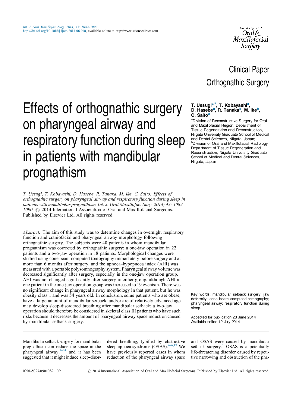 Effects of orthognathic surgery on pharyngeal airway and respiratory function during sleep in patients with mandibular prognathism