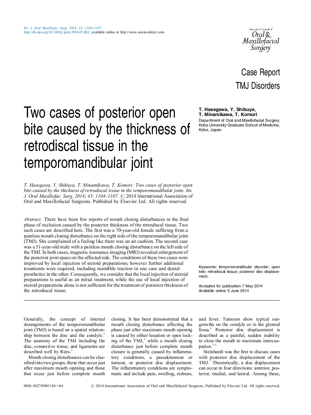 Two cases of posterior open bite caused by the thickness of retrodiscal tissue in the temporomandibular joint