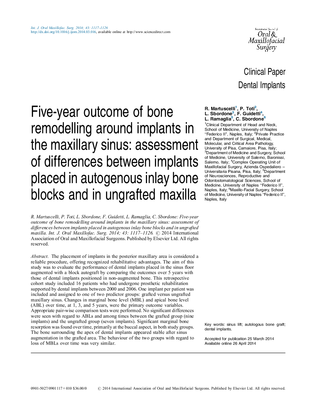 Five-year outcome of bone remodelling around implants in the maxillary sinus: assessment of differences between implants placed in autogenous inlay bone blocks and in ungrafted maxilla