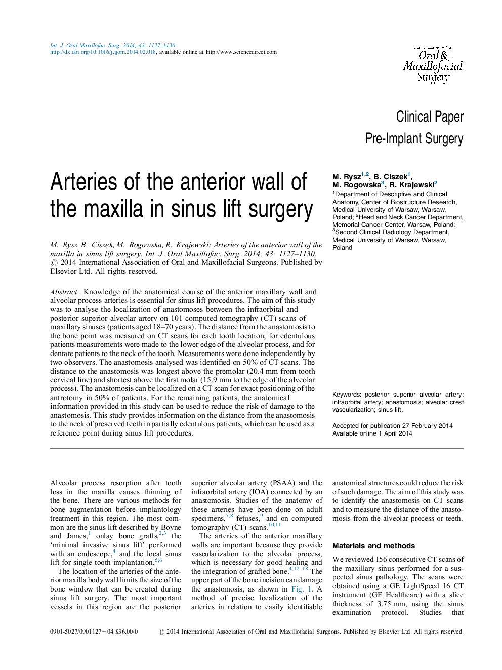 Arteries of the anterior wall of the maxilla in sinus lift surgery