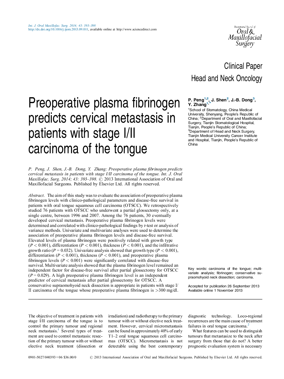 Preoperative plasma fibrinogen predicts cervical metastasis in patients with stage I/II carcinoma of the tongue