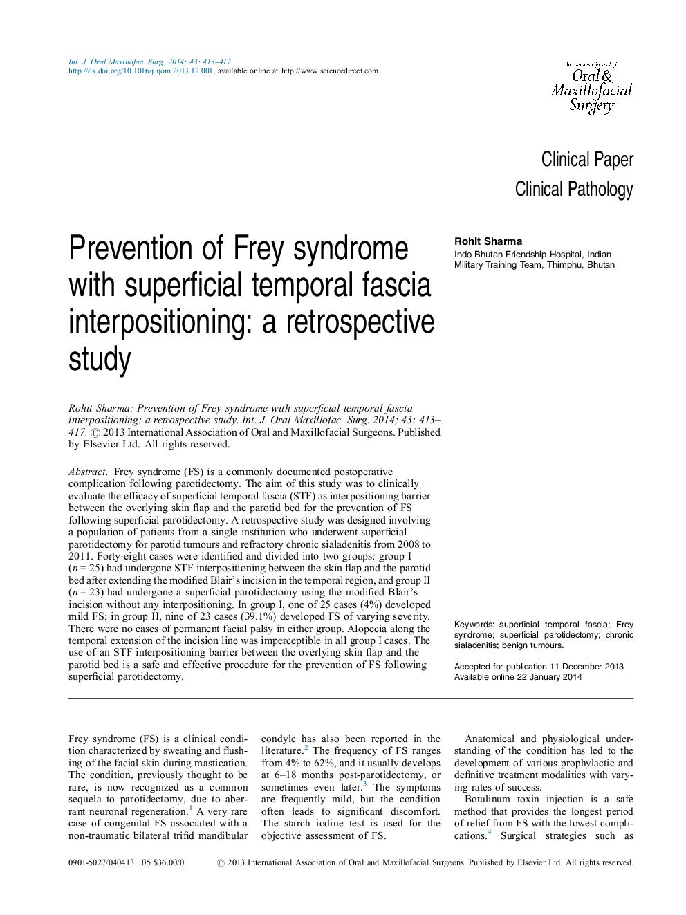 Prevention of Frey syndrome with superficial temporal fascia interpositioning: a retrospective study