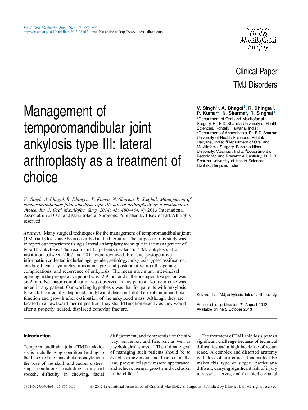 Management of temporomandibular joint ankylosis type III: lateral arthroplasty as a treatment of choice