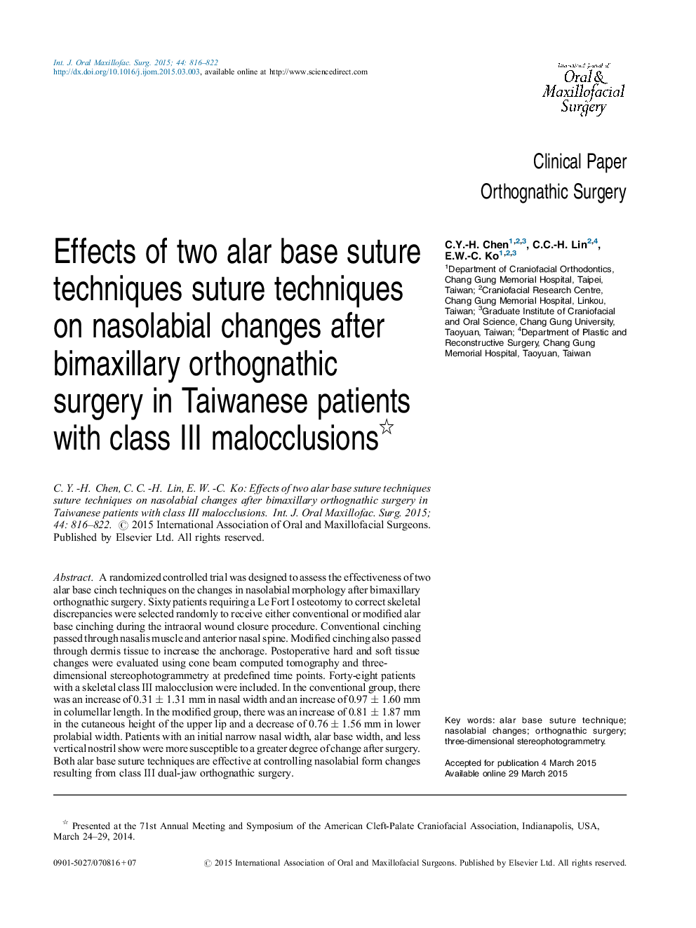 Effects of two alar base suture techniques suture techniques on nasolabial changes after bimaxillary orthognathic surgery in Taiwanese patients with class III malocclusions 