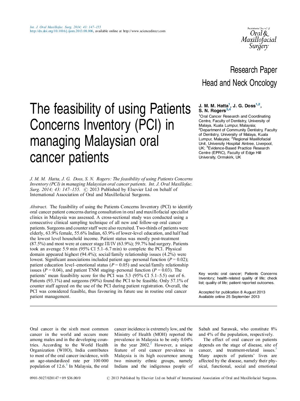 The feasibility of using Patients Concerns Inventory (PCI) in managing Malaysian oral cancer patients