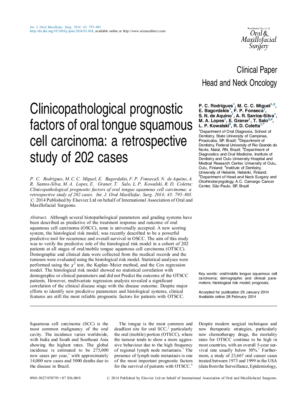 Clinicopathological prognostic factors of oral tongue squamous cell carcinoma: a retrospective study of 202 cases