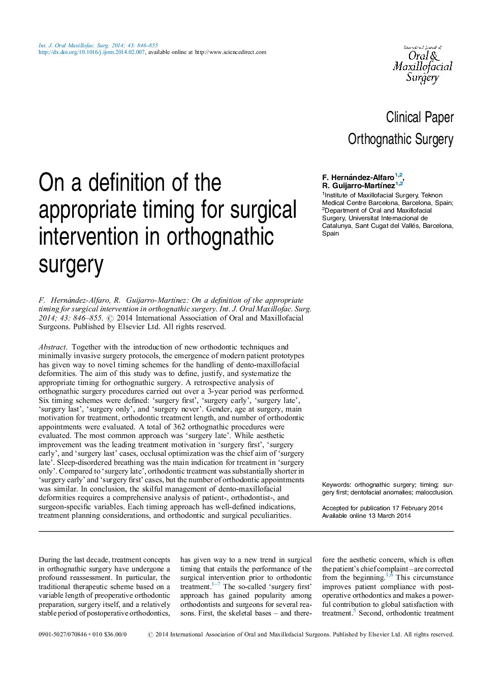 On a definition of the appropriate timing for surgical intervention in orthognathic surgery