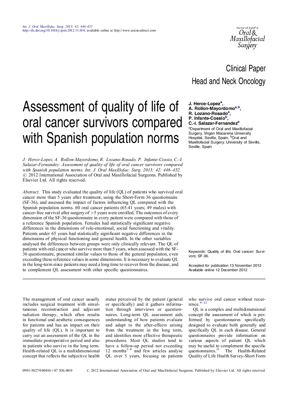 Assessment of quality of life of oral cancer survivors compared with Spanish population norms